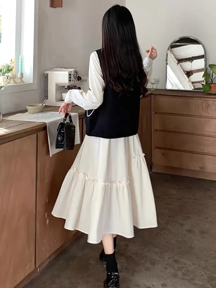 Black vest dress suit women's autumn new high-end French retro long-sleeved shirt and skirt two-piece set (S0976)