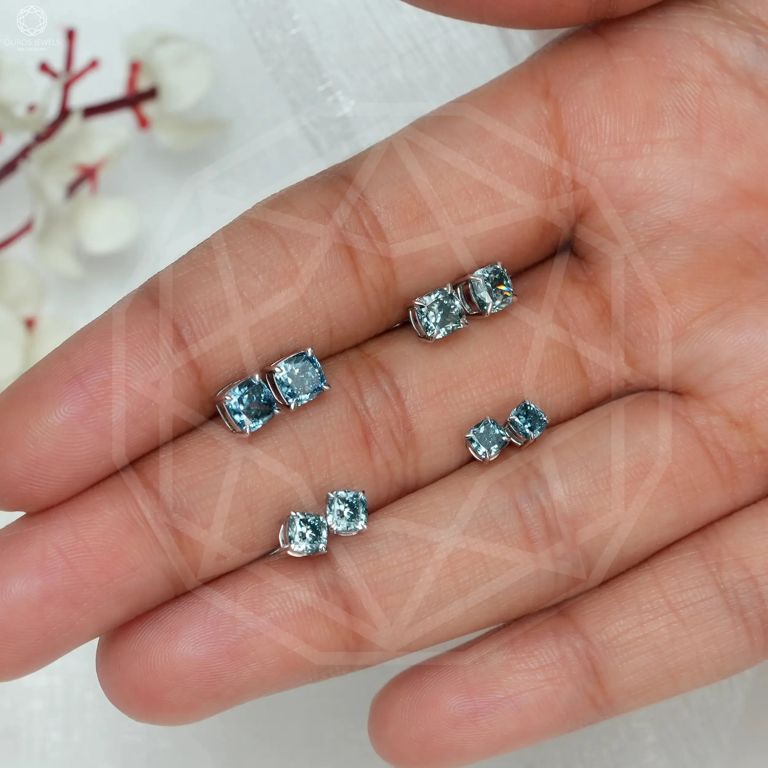 Blue Cushion Cut Lab Diamond Stud Earrings