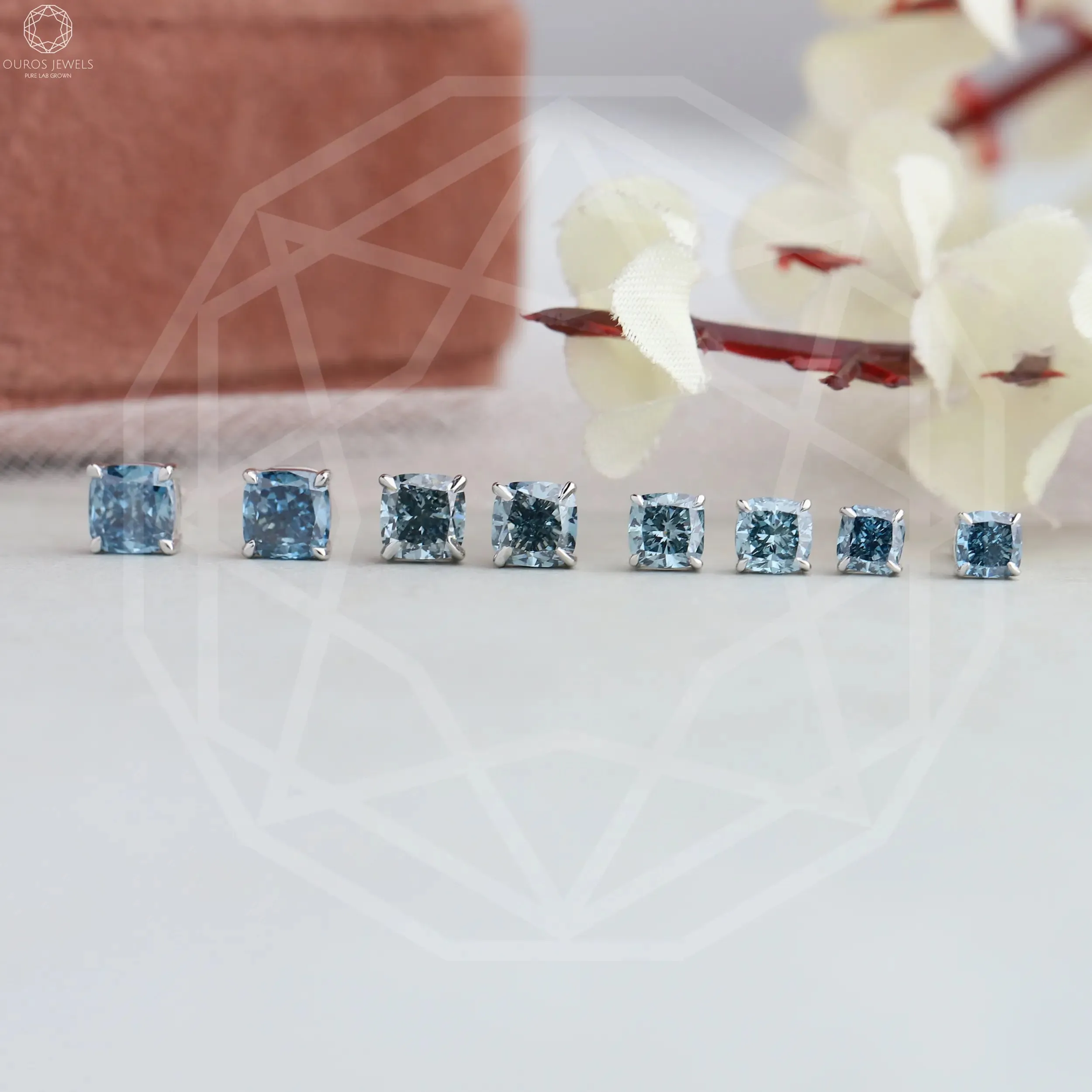 Blue Cushion Cut Lab Diamond Stud Earrings