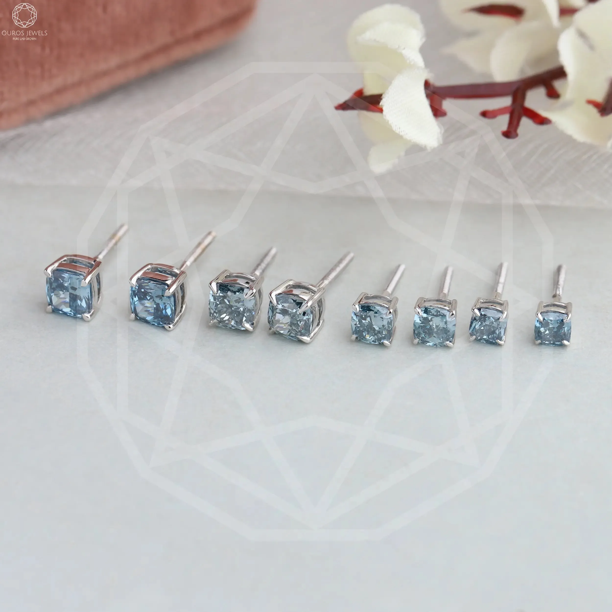 Blue Cushion Cut Lab Diamond Stud Earrings