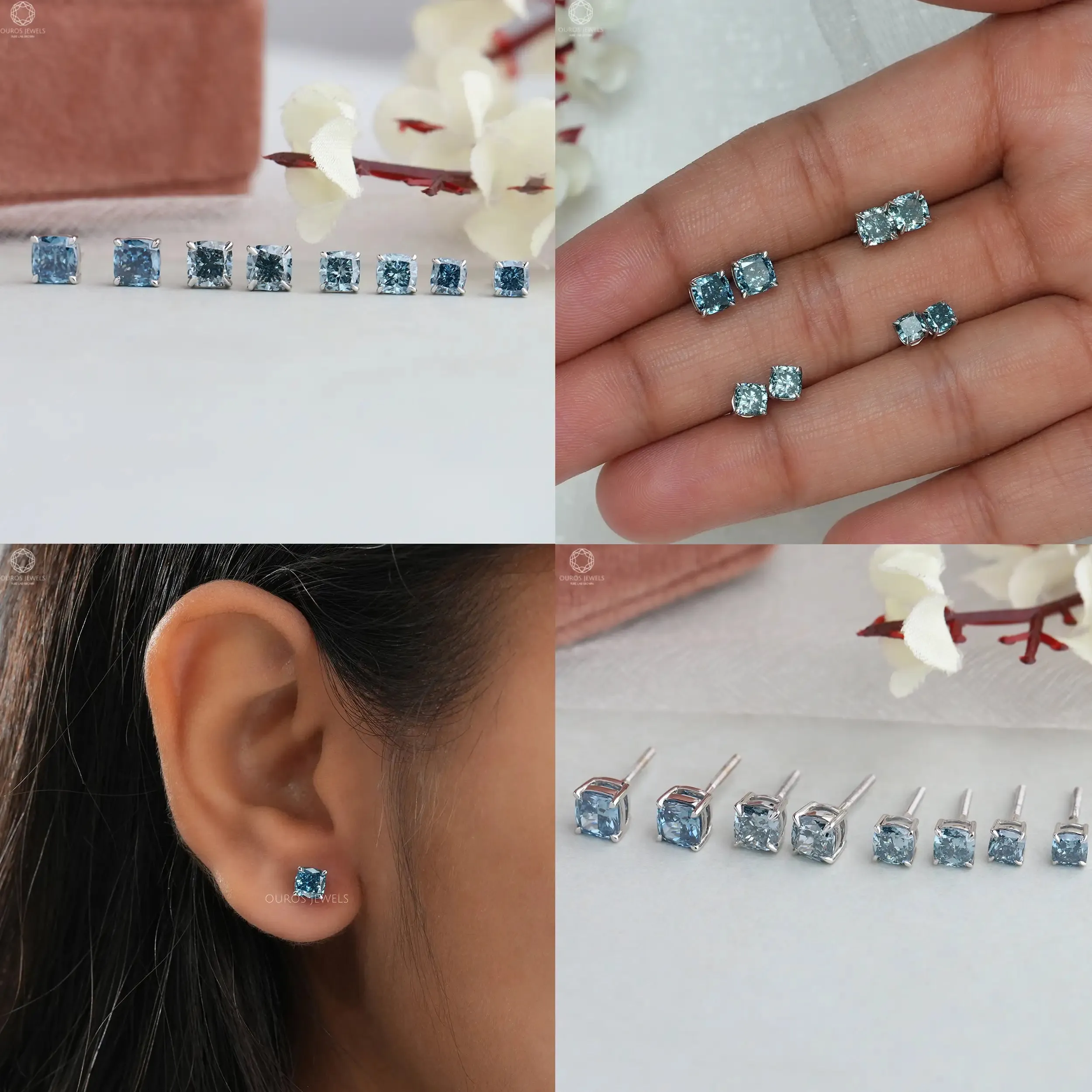 Blue Cushion Cut Lab Diamond Stud Earrings