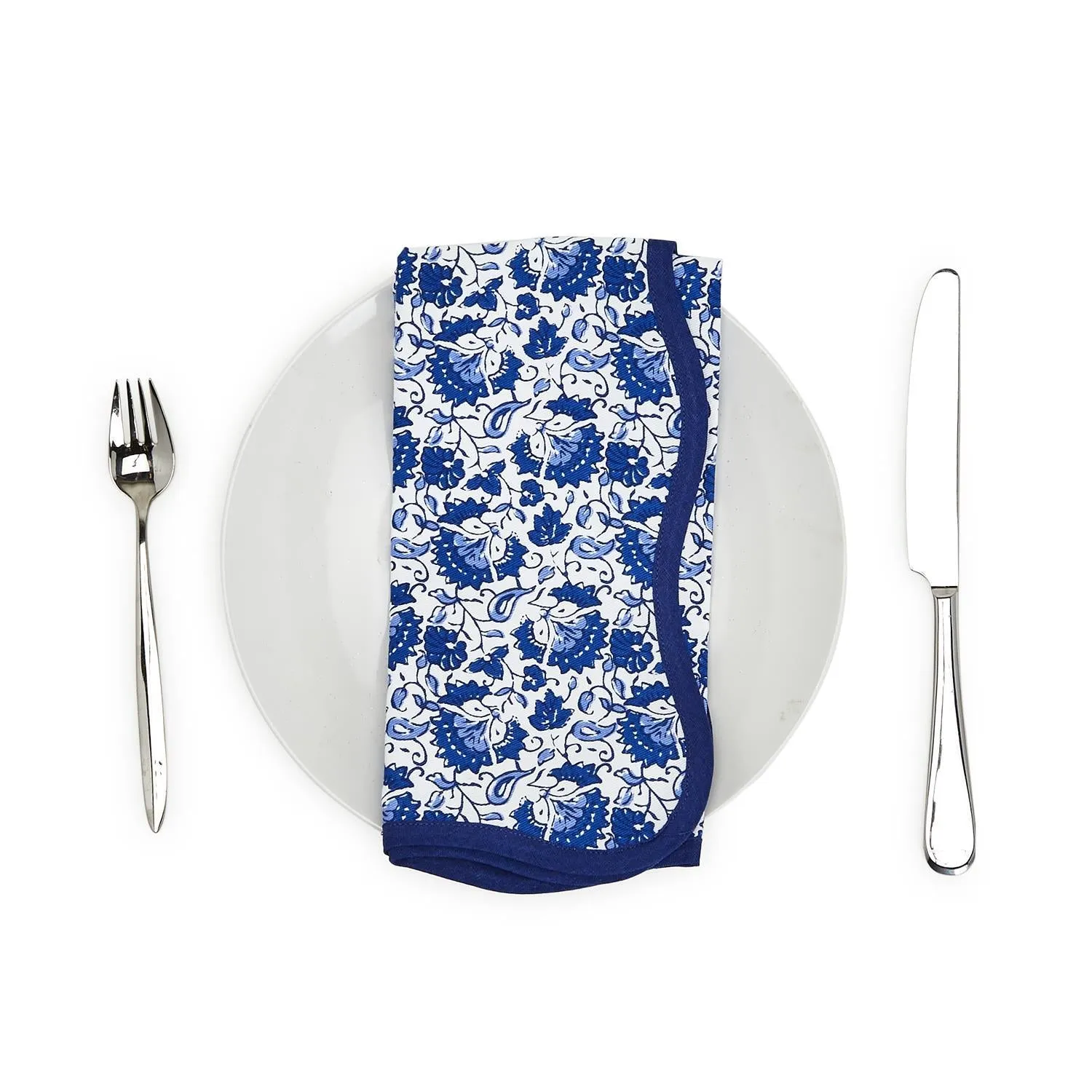 Blue Floral Scalloped Edge Trim Napkins (Set of 4)