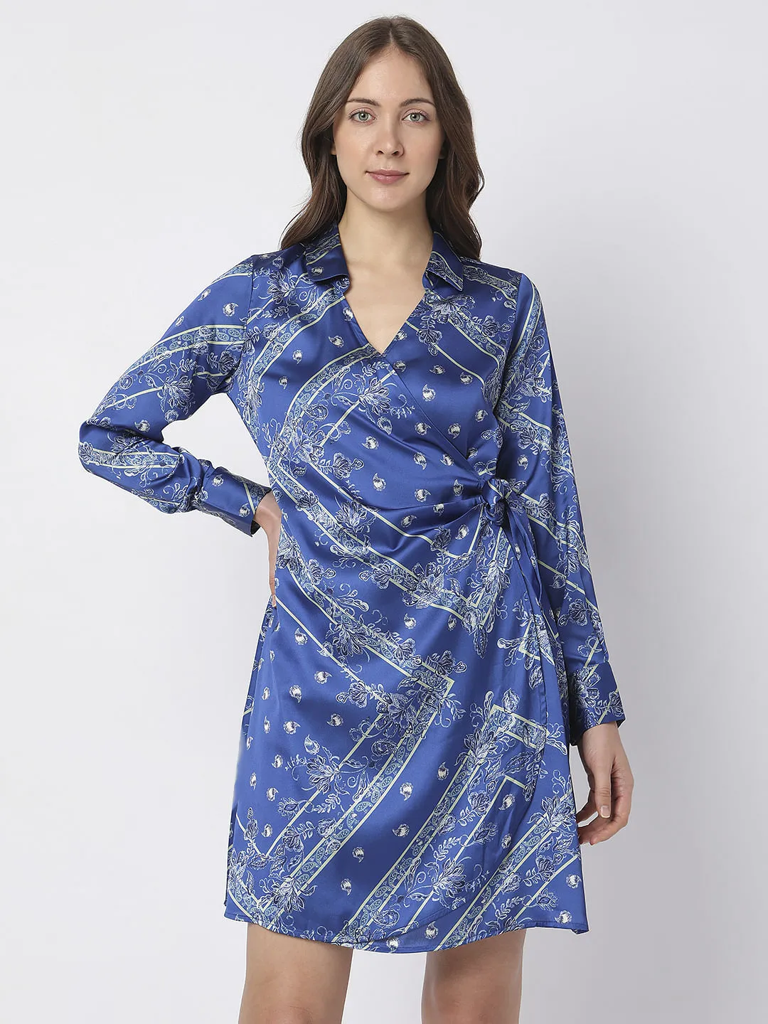 Blue Printed Wrap Dress