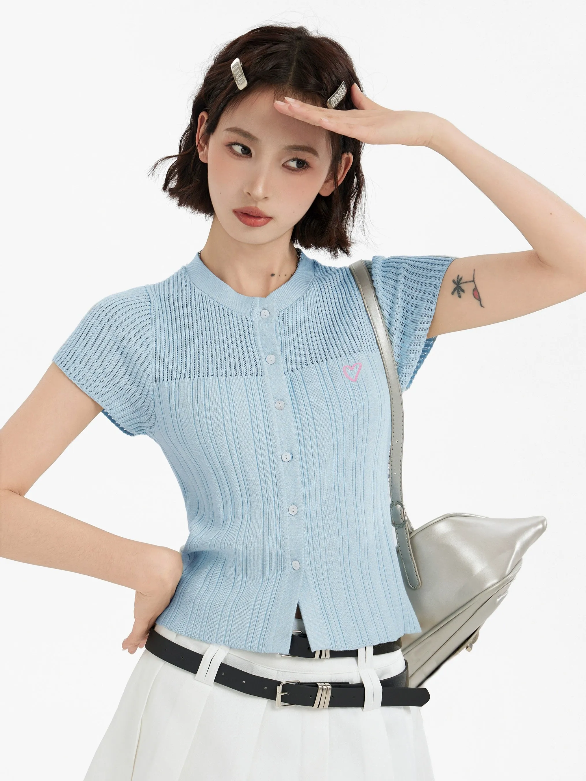 Blue short knitted short-sleeved t-shirt for women summer design niche right shoulder sweater 2024 new top