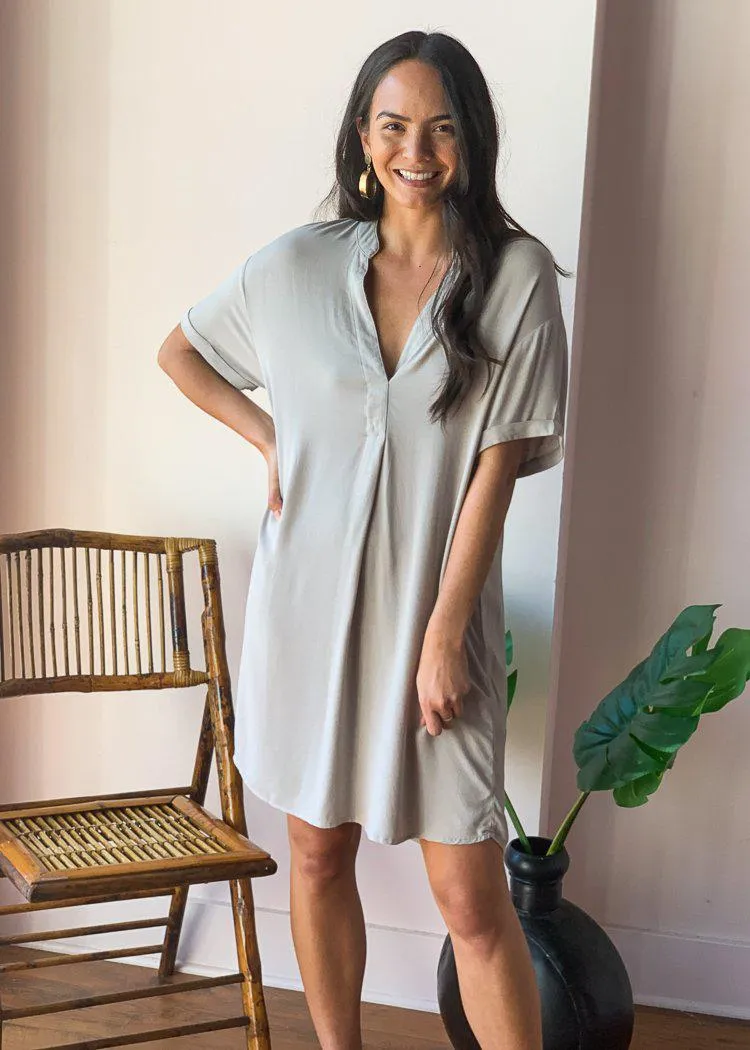 Bobi V-neck Short Sleeve Tunic Dress - Tan