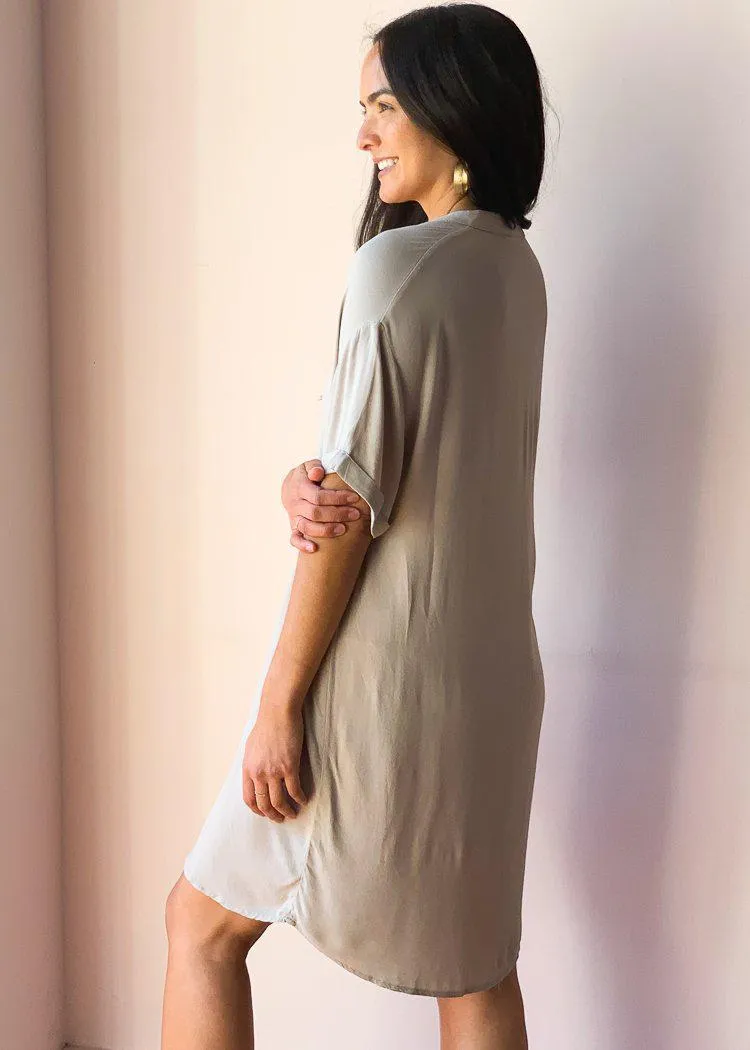 Bobi V-neck Short Sleeve Tunic Dress - Tan