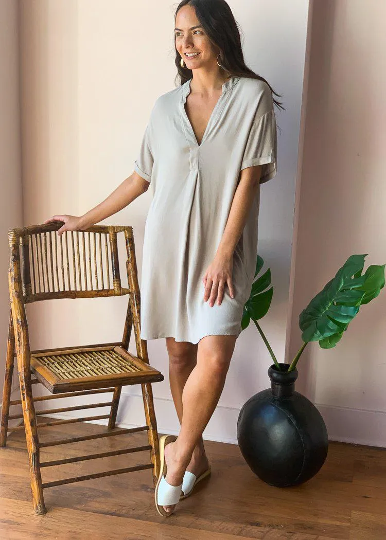 Bobi V-neck Short Sleeve Tunic Dress - Tan