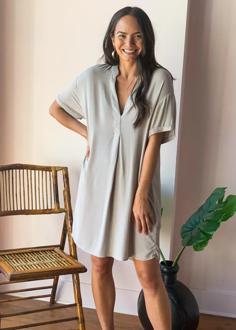 Bobi V-neck Short Sleeve Tunic Dress - Tan