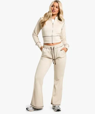 boohoo Womens Contrast Stitch Shrunken Top And Flared Jogger Tracksuit