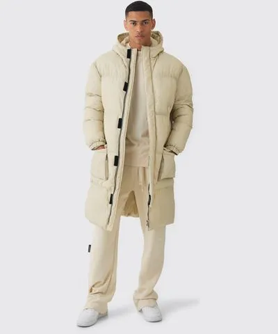 boohooMAN Mens 4 Pocket Longline Hooded Puffer In Ecru