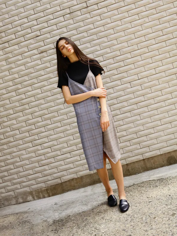 Bridge Wrap Slip Dress - Blue/Brown Check