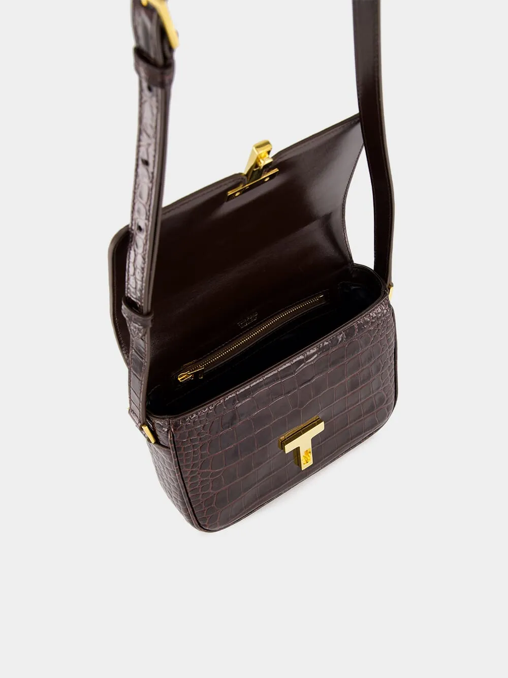 Brown Crocodile-Stamped Wallis Shoulder Bag