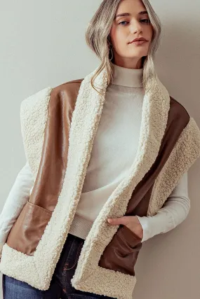 Brown Open Front Sherpa Faux Leather Vest