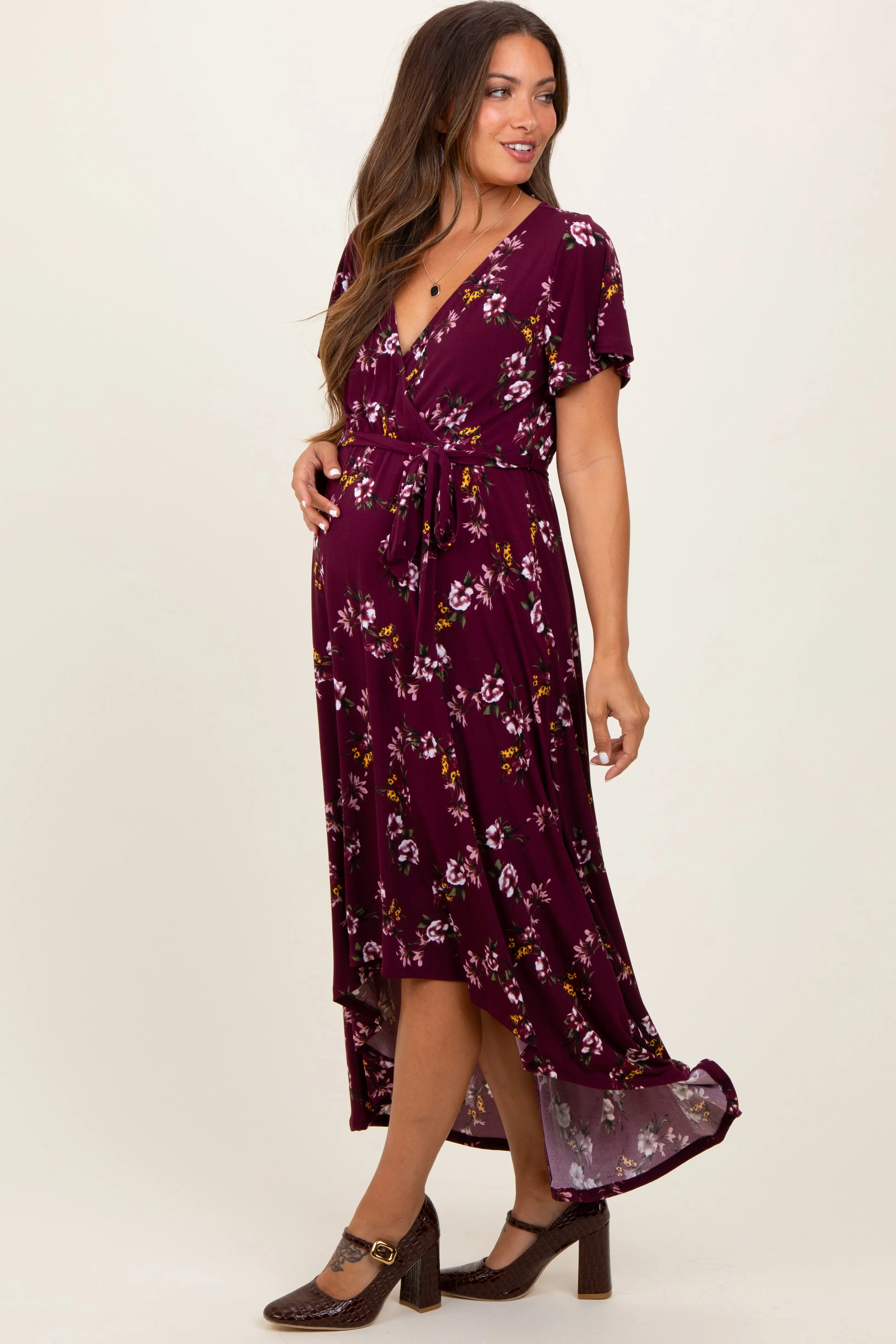 Burgundy Floral Short Sleeve Wrap Hi-Low Maternity Maxi Dress
