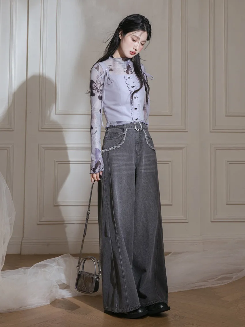 Butterfly Mesh Printed Bottoming Shirt ＋ Vest & Skirt Set-up