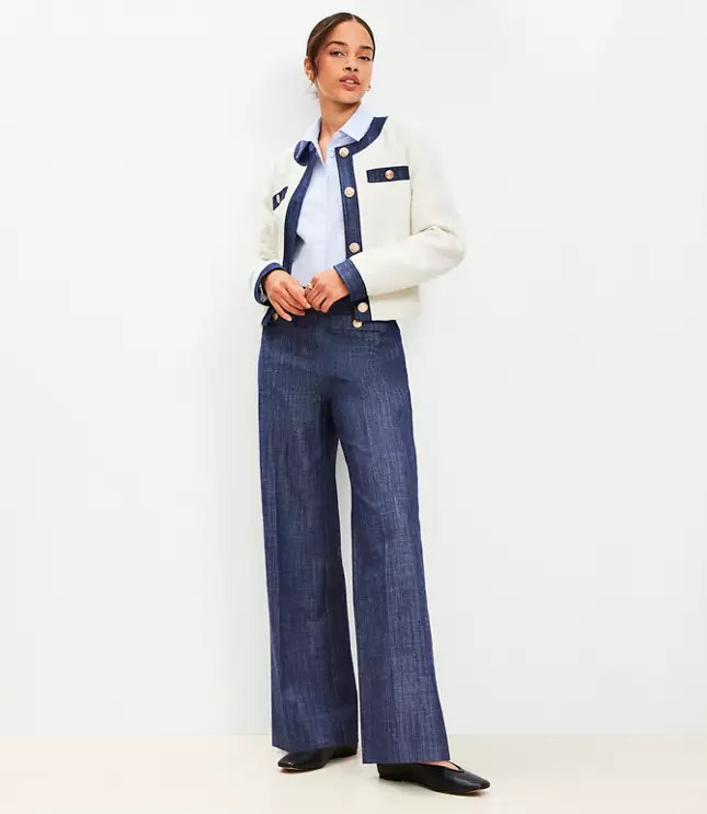 Button Trim Wide Leg Pants Refined Denim