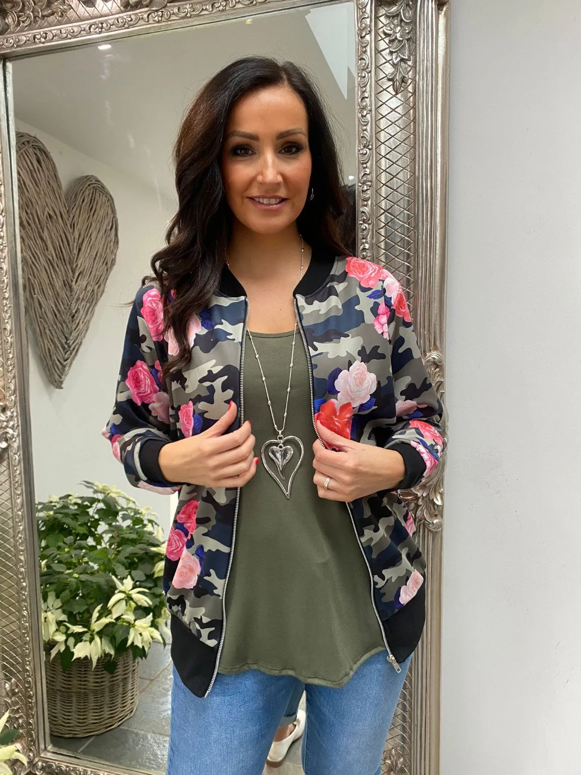 Camo Flower Print Bomber Jacket
