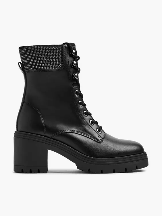 Catwalk  Black Lace Up Heeled Boot with Studded Panel