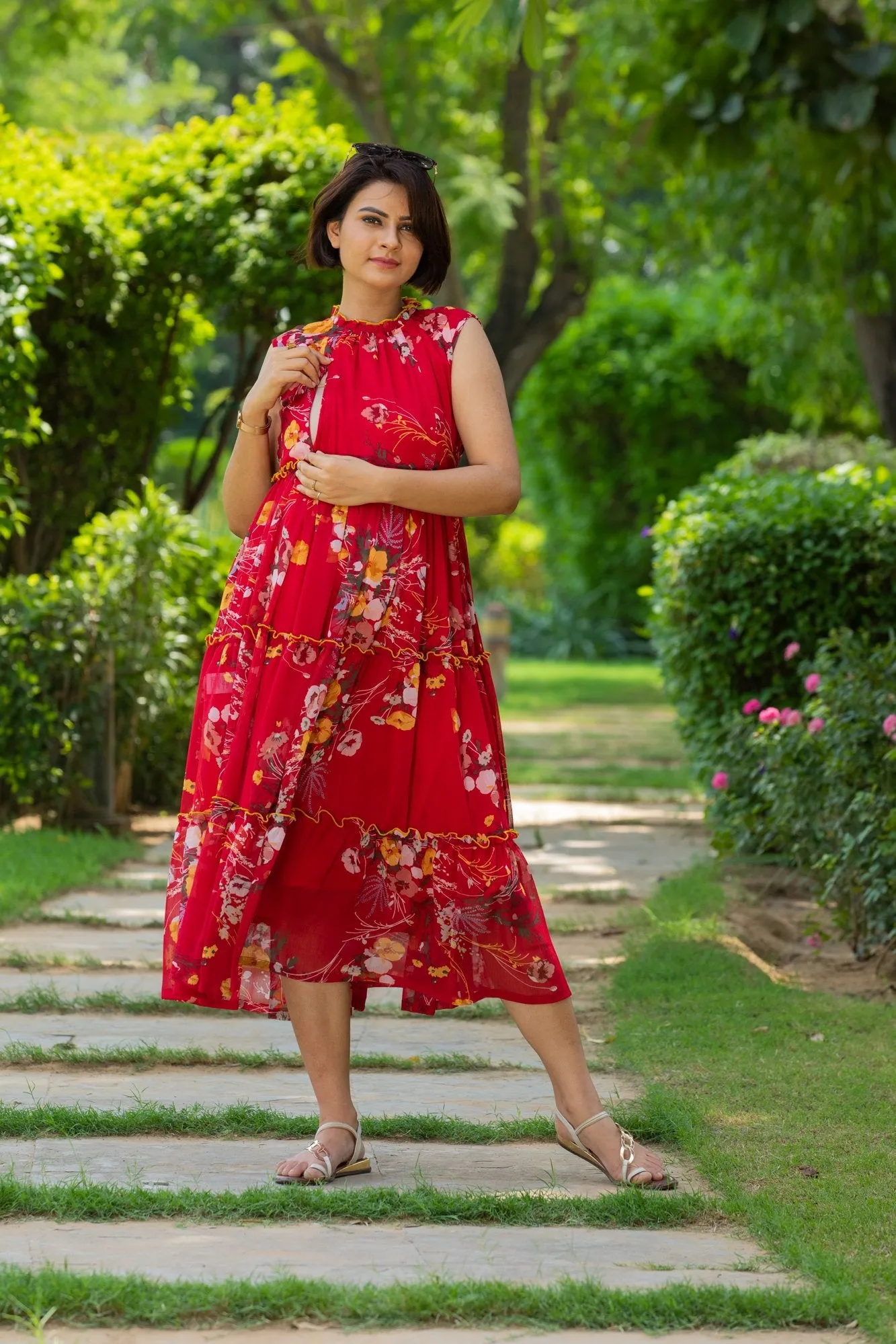 Chirpy Red Frill Maternity & Nursing Dress