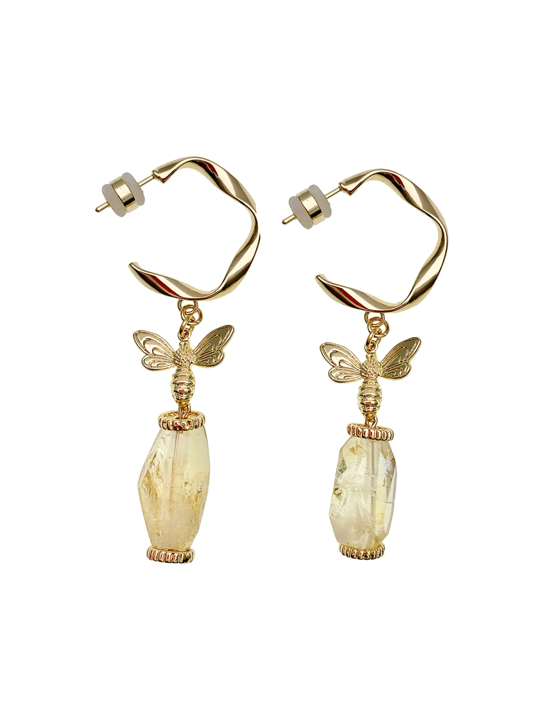 Citrine With Bee Charm Hook Earrings EE044