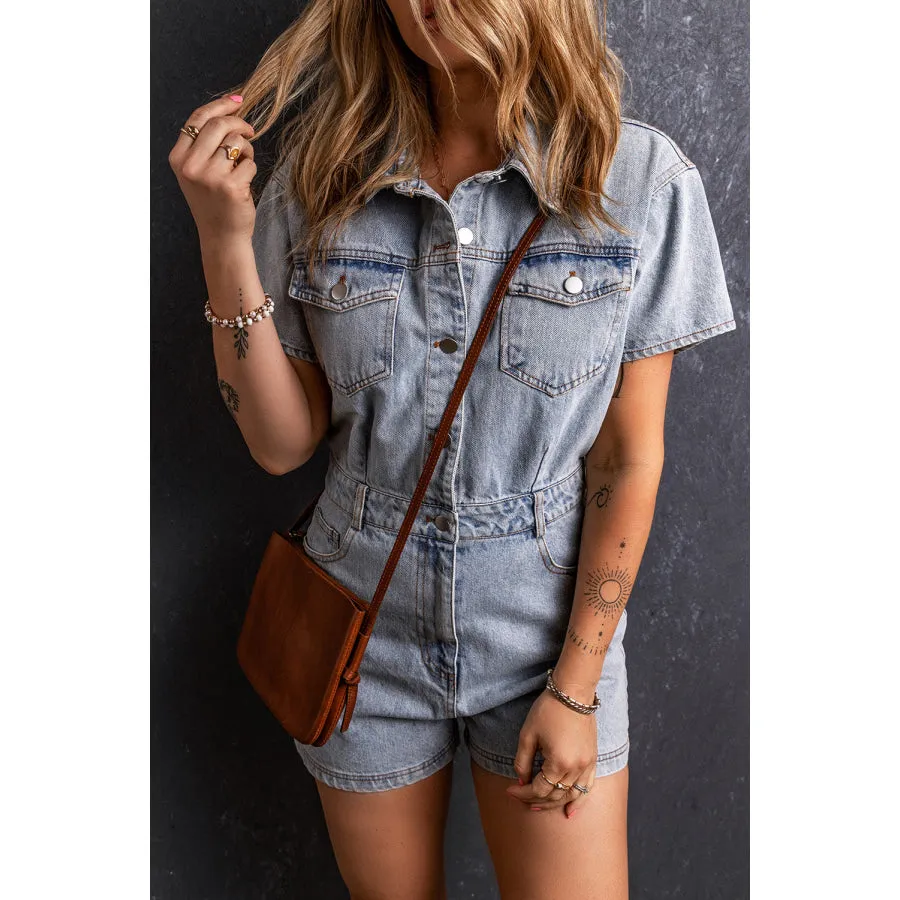 Collared Neck Short Sleeve Denim Romper