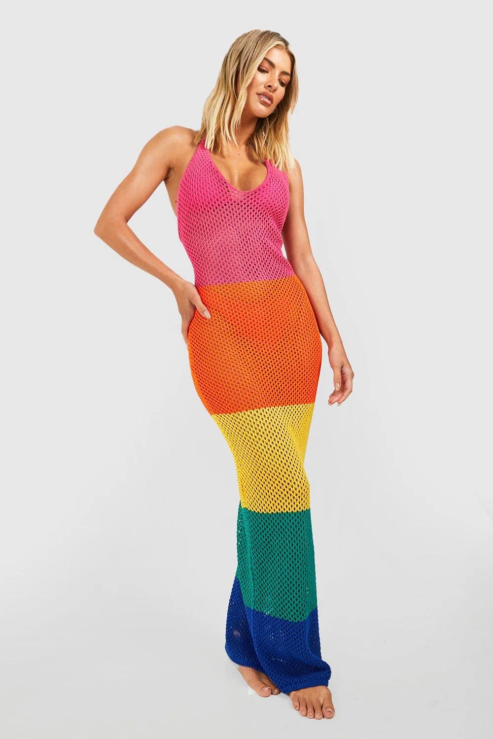 Color Block Stripe Crochet Beach Maxi Dress