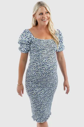 Confetti Shirred Maternity Dress in Blue