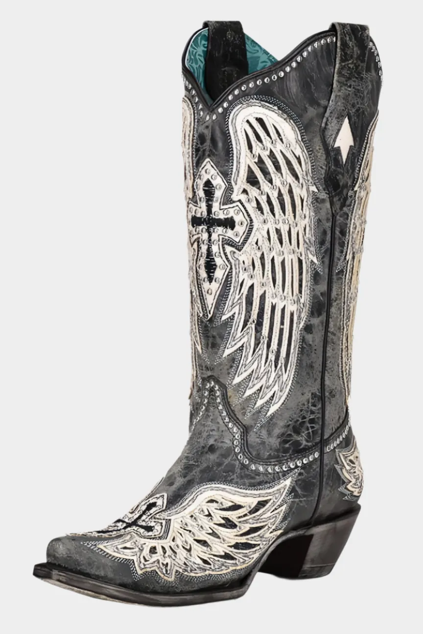 Corral Boot Ladies Black Cross & Wings Studs