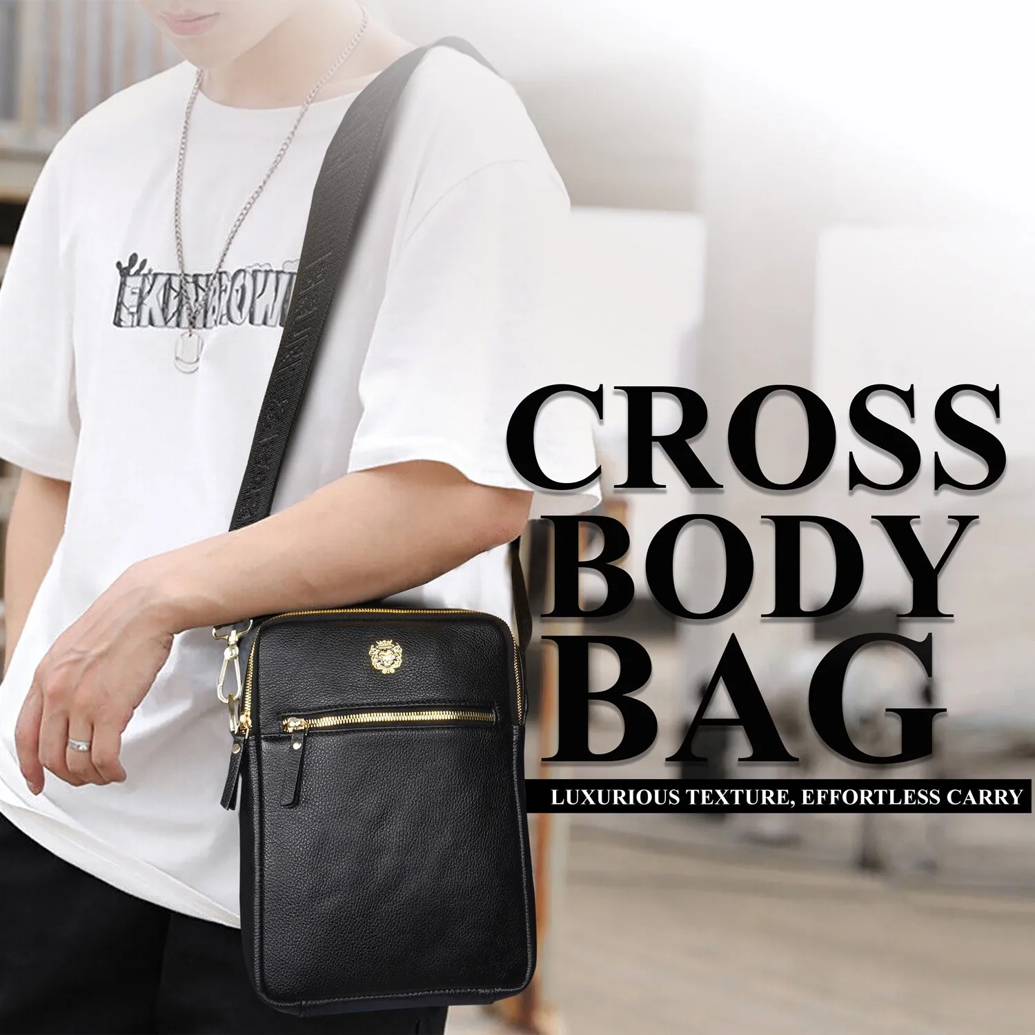 Cross-Body Bag in Textured Black Leather