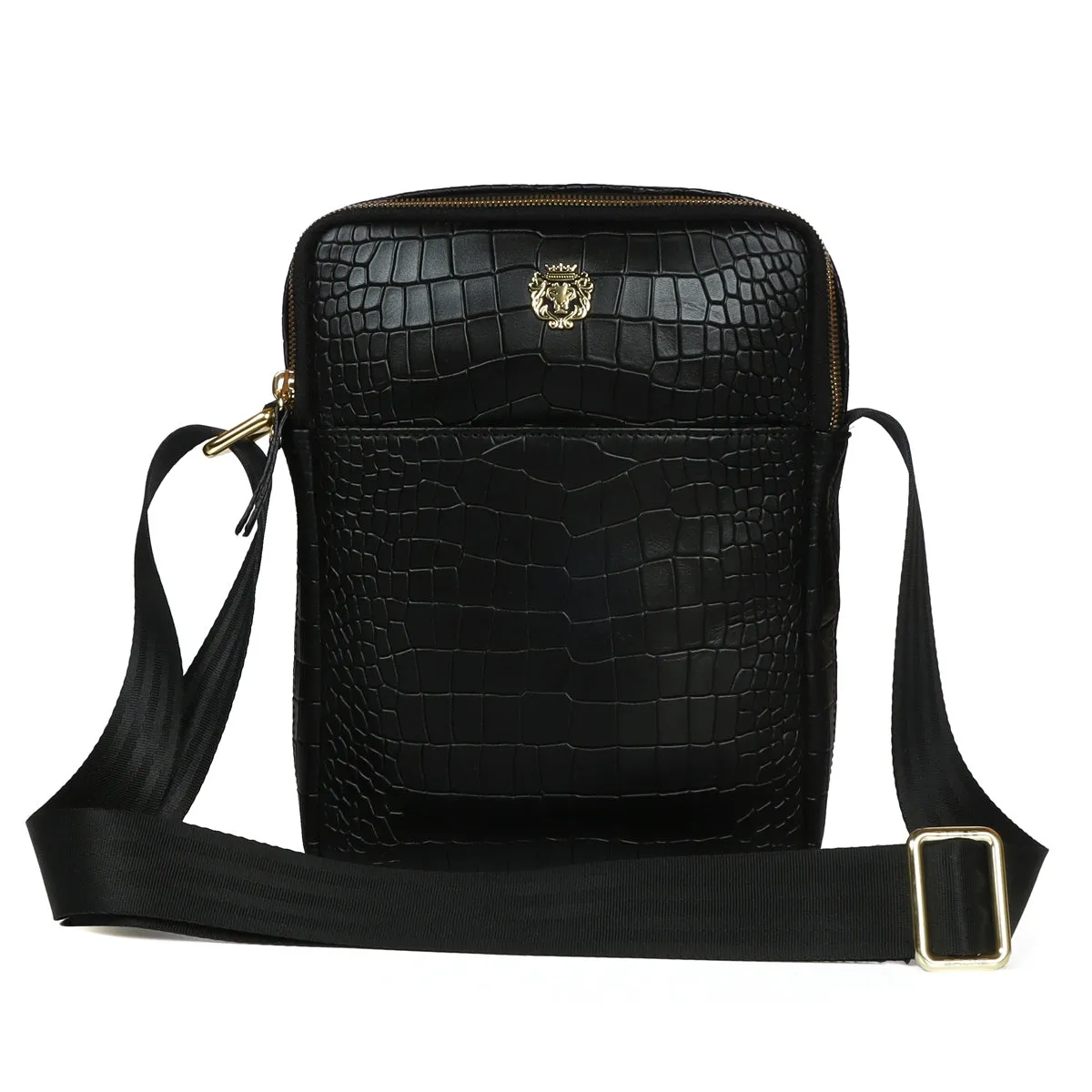 Cross Body Black Deep Cut Croco Texture Leather Bag