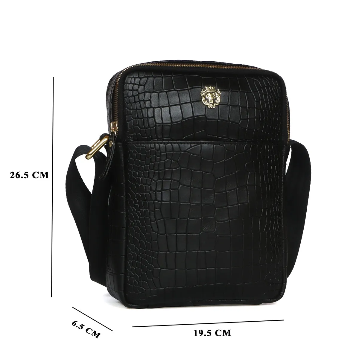 Cross Body Black Deep Cut Croco Texture Leather Bag