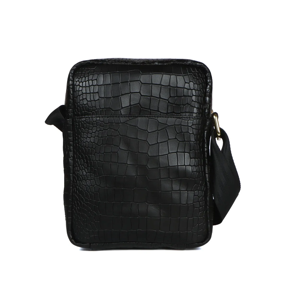 Cross Body Black Deep Cut Croco Texture Leather Bag