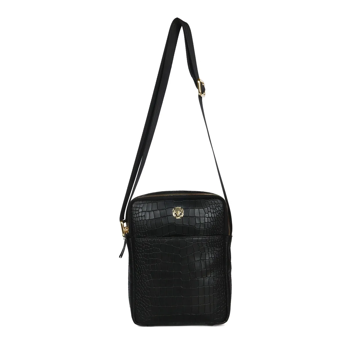 Cross Body Black Deep Cut Croco Texture Leather Bag