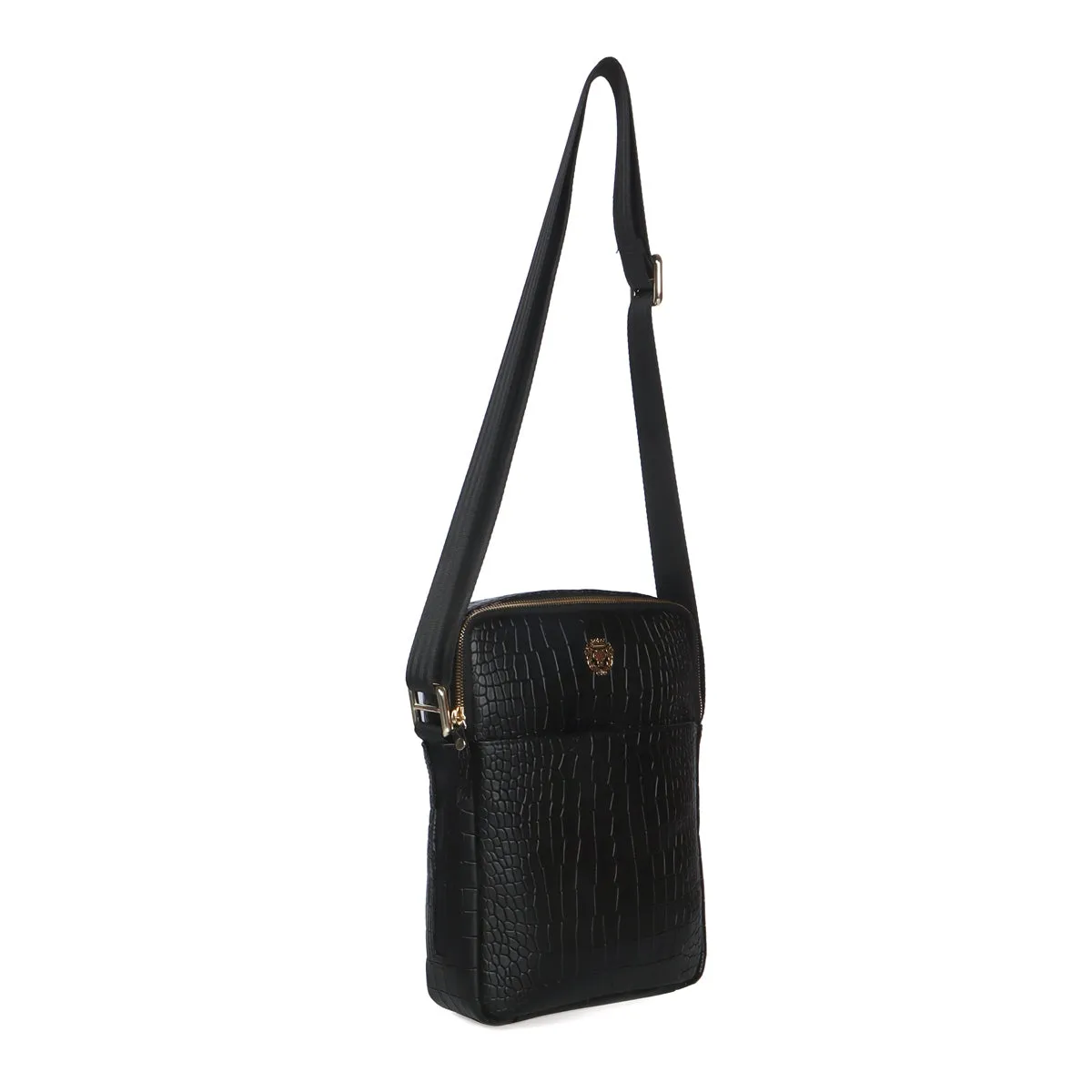 Cross Body Black Deep Cut Croco Texture Leather Bag