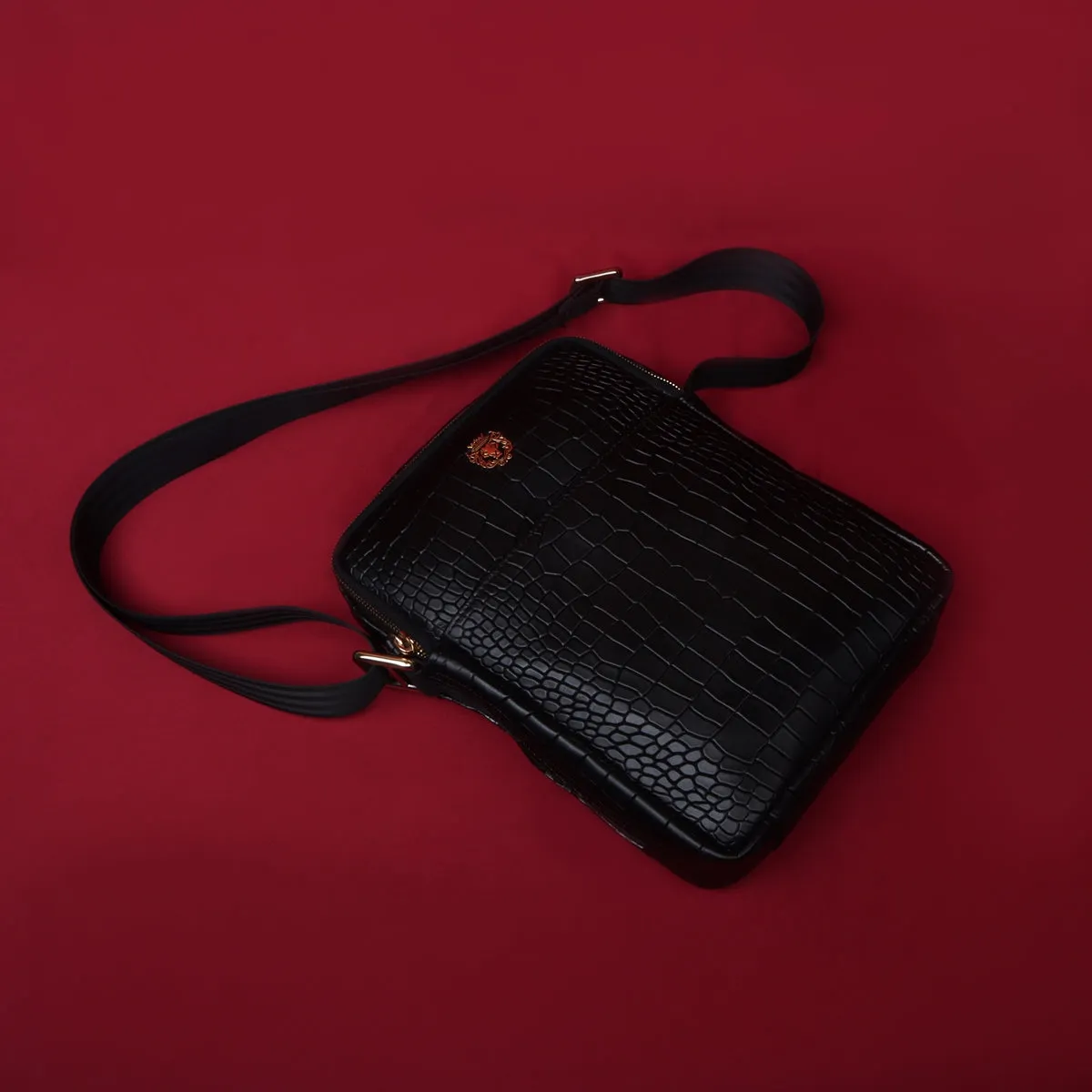 Cross Body Black Deep Cut Croco Texture Leather Bag