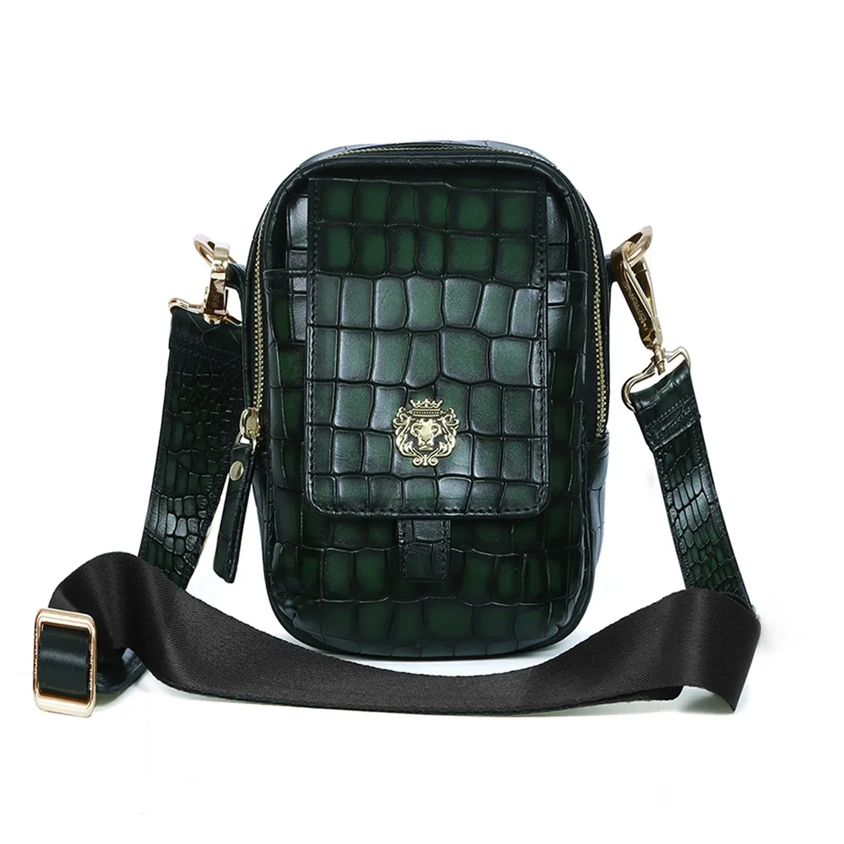 Cross-Body Green Bag In Croco Textured Leather