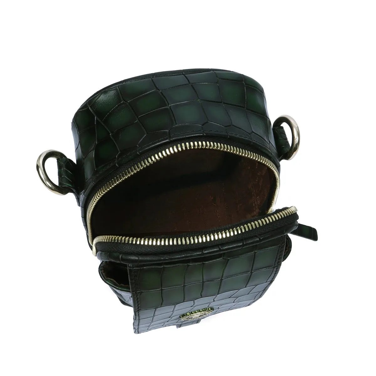 Cross-Body Green Bag In Croco Textured Leather