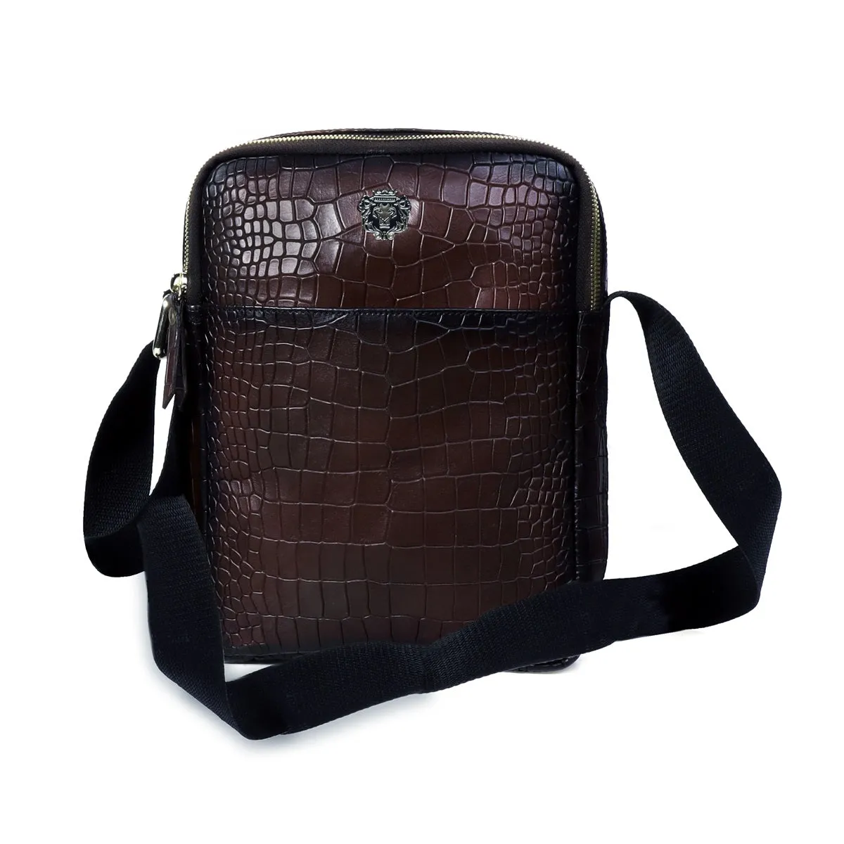 Cross body Smokey Dark Brown Deep Cut Croco Texture Leather Bag