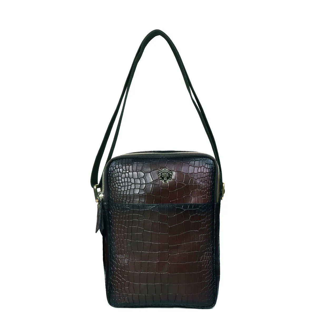 Cross body Smokey Dark Brown Deep Cut Croco Texture Leather Bag