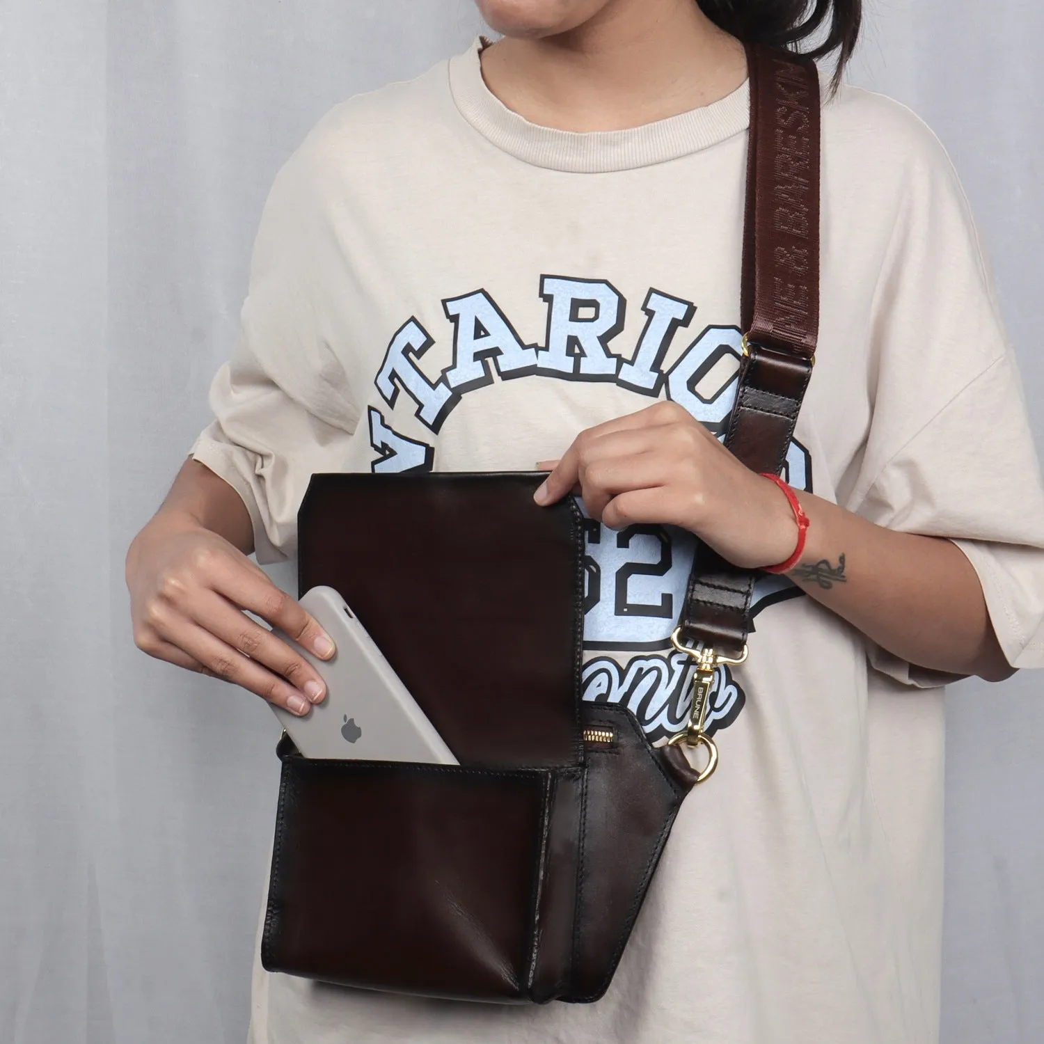 Cross-Body/Sling Bag in Diamond Shaped Dark Brown Genuine Leather