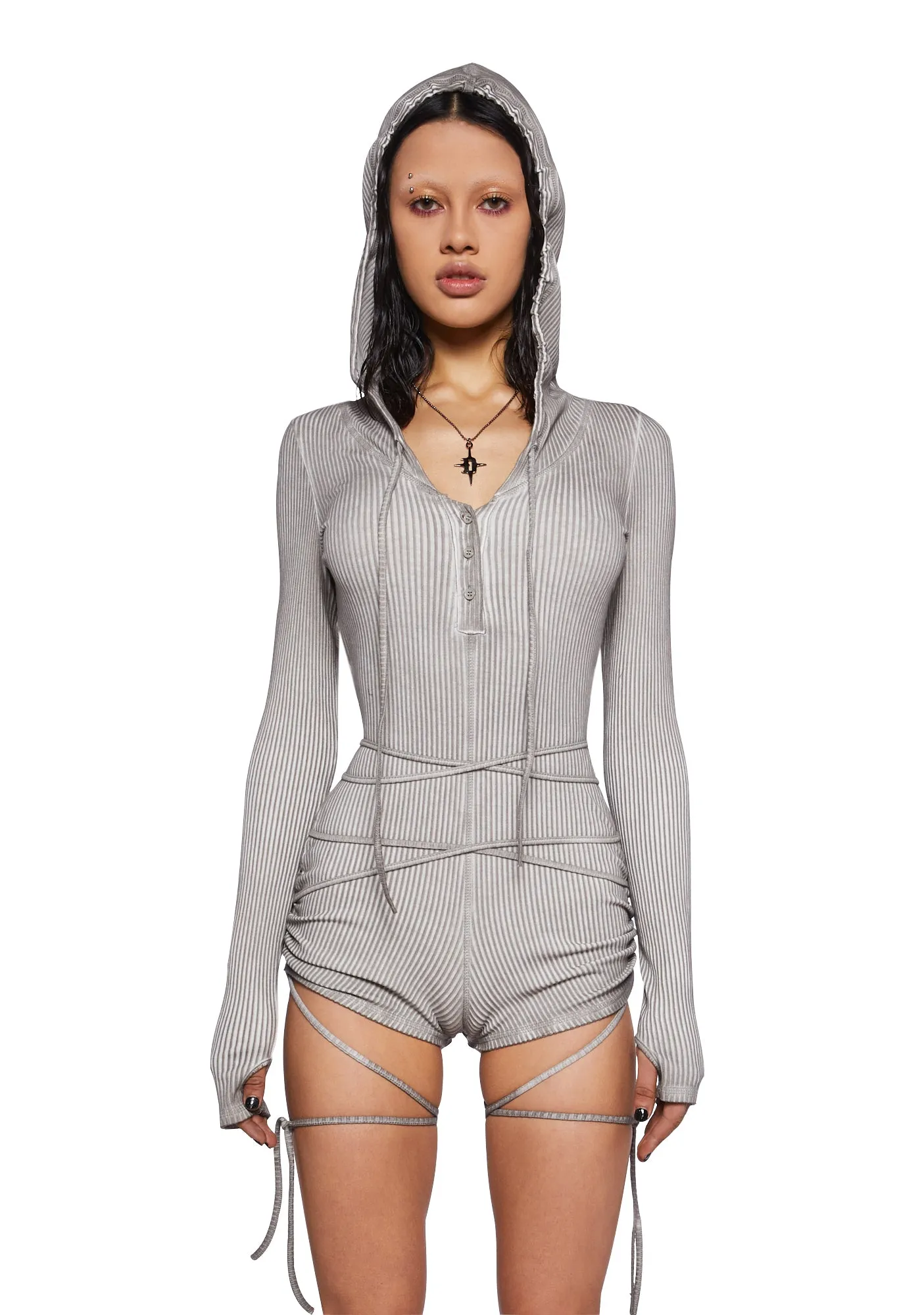 Crossfade Hooded Long Sleeve Romper - Ecru-