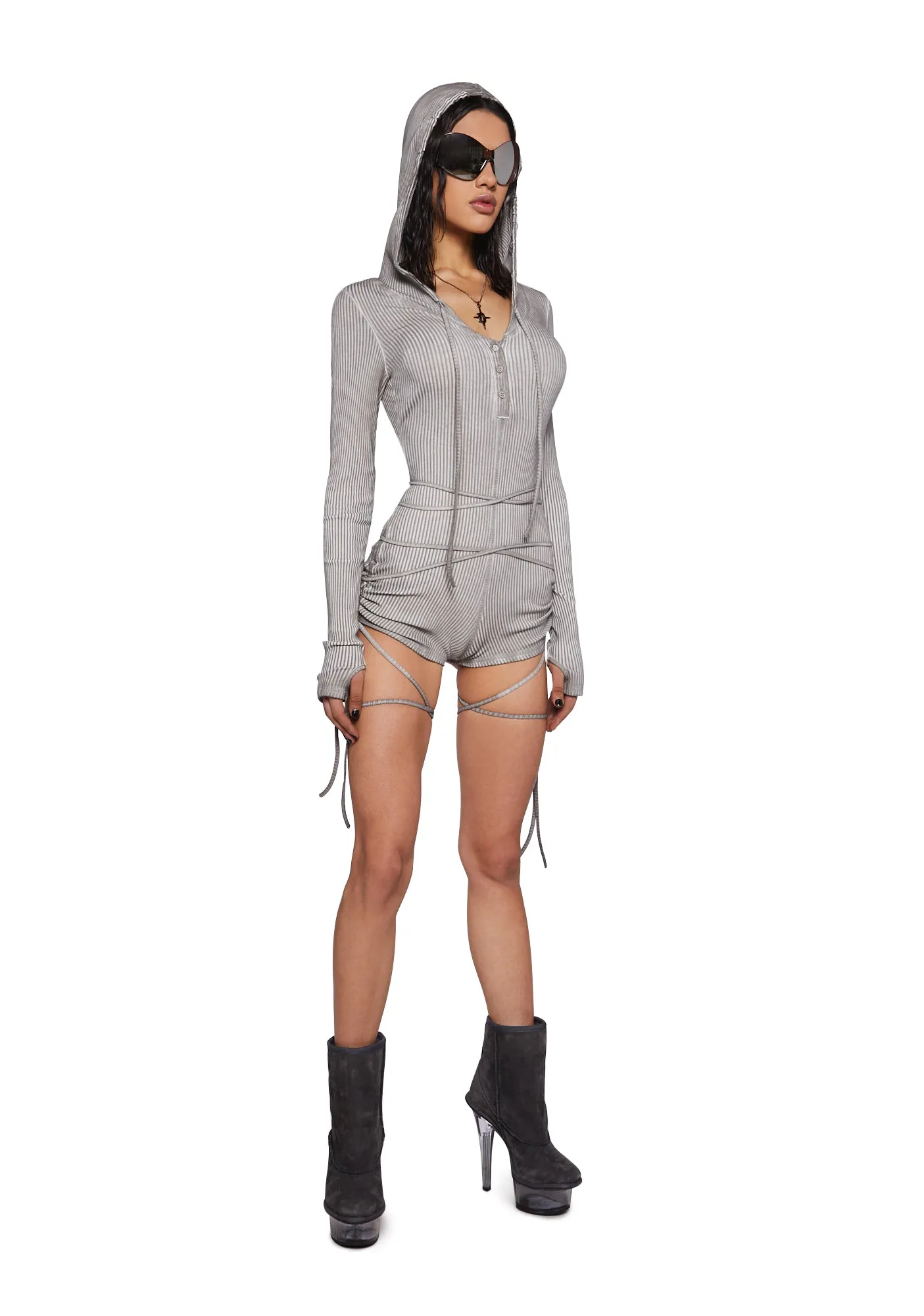 Crossfade Hooded Long Sleeve Romper - Ecru-