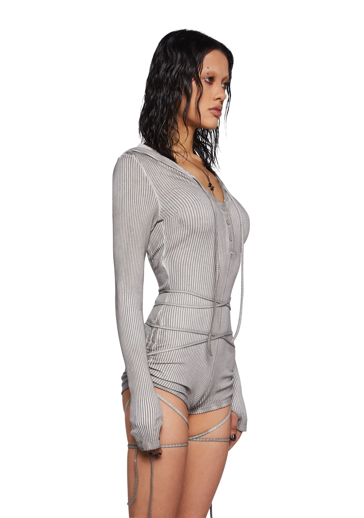 Crossfade Hooded Long Sleeve Romper - Ecru-