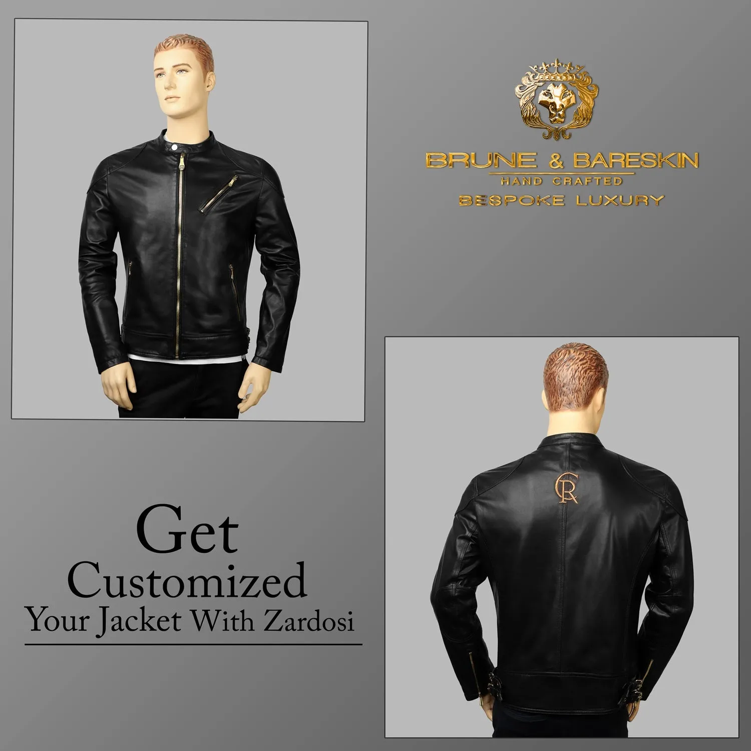 Customized CR Zardosi Initial Zip Closure Black Genuine Leather Biker Jacket by Brune & Bareskin