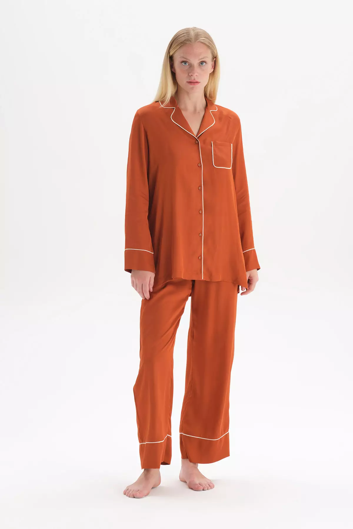 DAGİ Terracotta Pyjama Set, Lapel Collar, Regular Fit, Long Sleeve Homewear And Sleepwear for Women