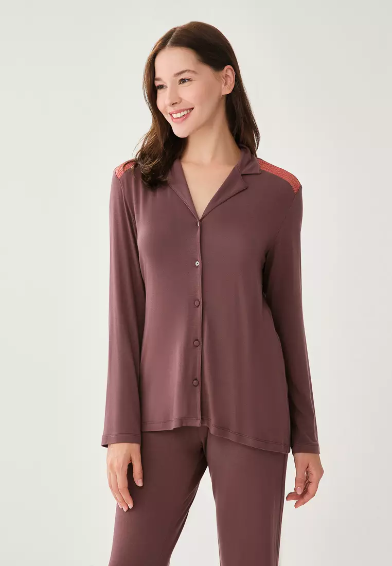 DAGİ Terracotta Pyjama Top, Shirt Collar, Normal Fit, Long Sleeve Homewear And Sleepwear for Women