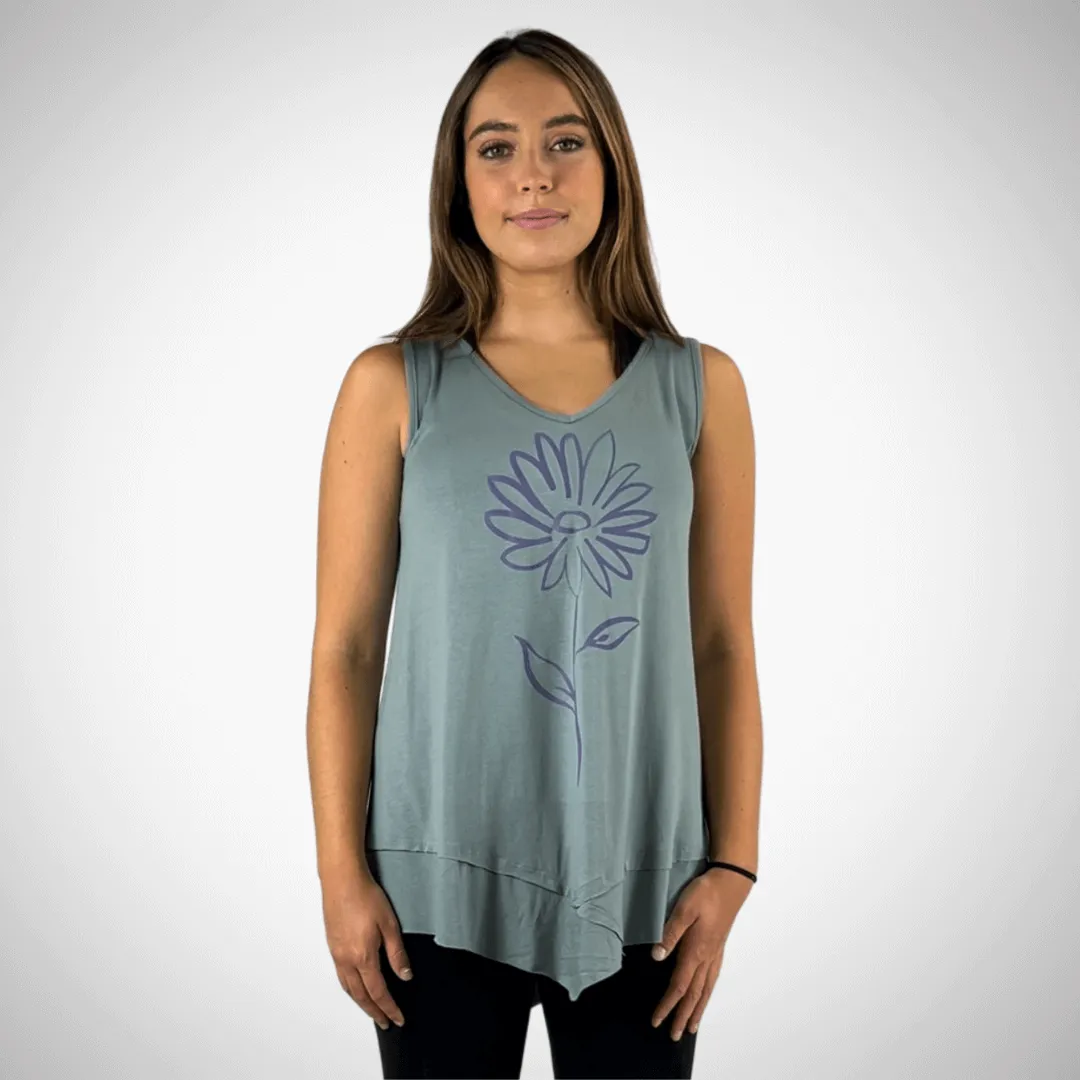 Daisy Graphic Sleeveless Tunic Light Sage Made in USA