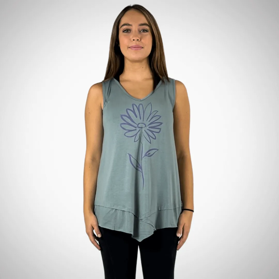 Daisy Graphic Sleeveless Tunic Light Sage Made in USA