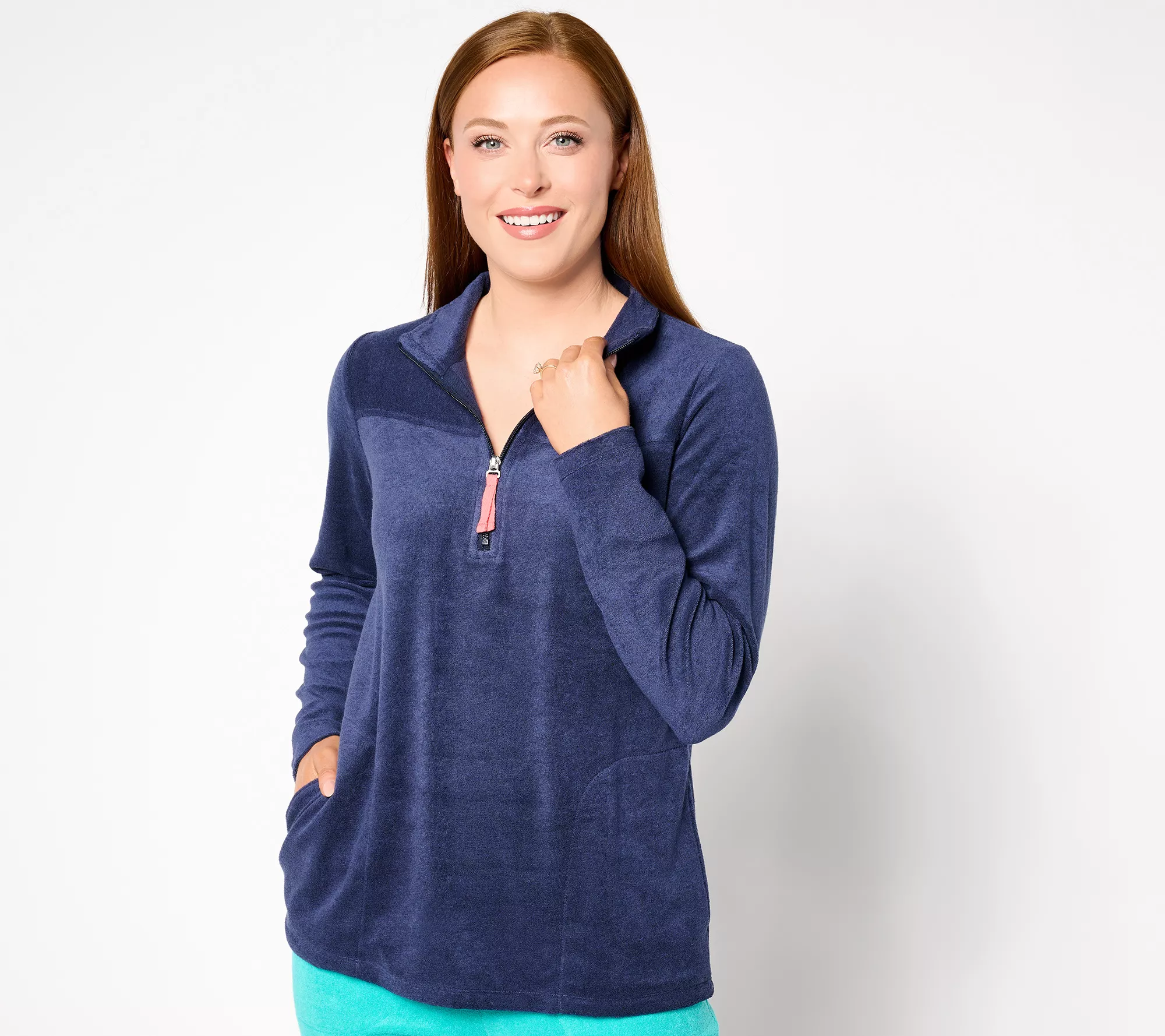 Denim & Co. Beach Striped Knit Terry Quarter Zip Pullover