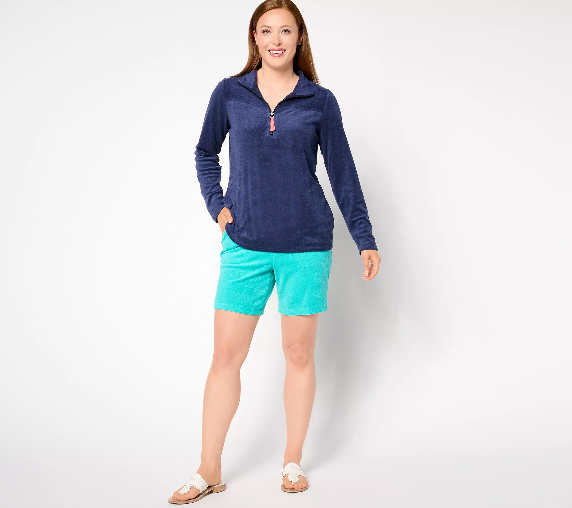 Denim & Co. Beach Striped Knit Terry Quarter Zip Pullover